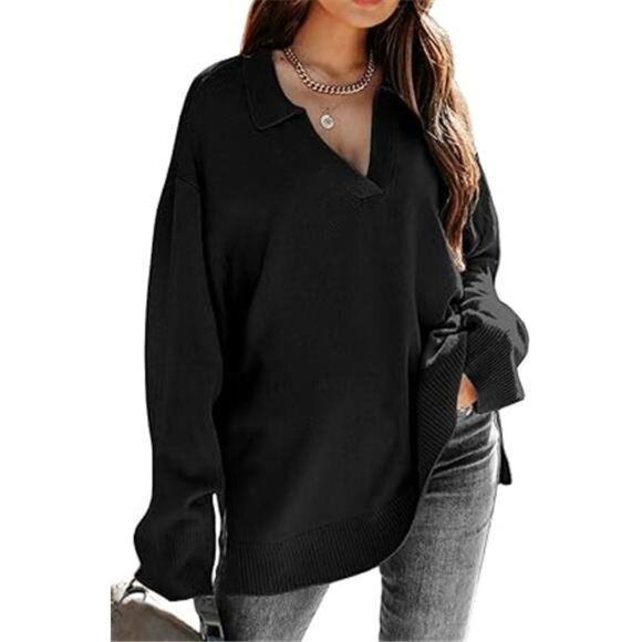 Women's V-Neck Oversized Sweater – Long Sleeve Collared Tunic Knit Pullover - Picture 7 of 7
